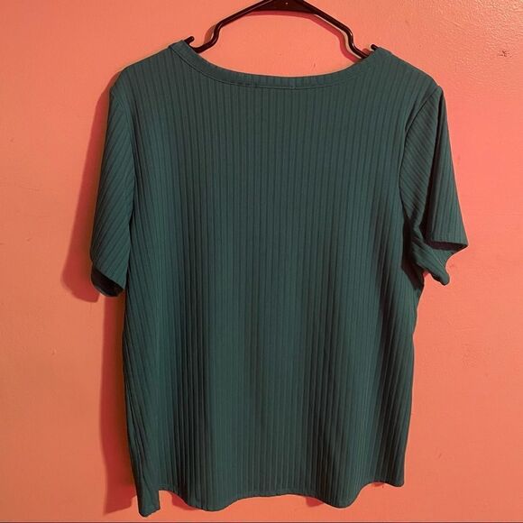 Studded Teal Green Ribbed Knit Top Keyhole Crew Neck Short Sleeve - Picture 4 of 8